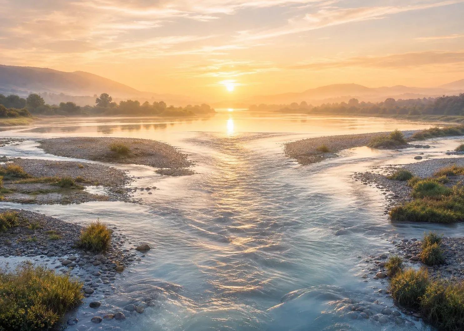 Braided river channels converging into one wide stream at sunrise, with gravel bars, low hills and golden light on the water.